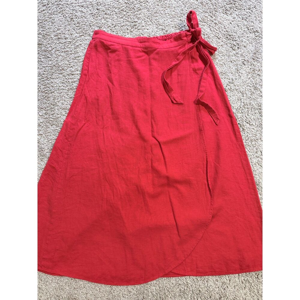J.Crew Red Linen Blend Faux Wrap Midi Skirt Medium Tie Waist